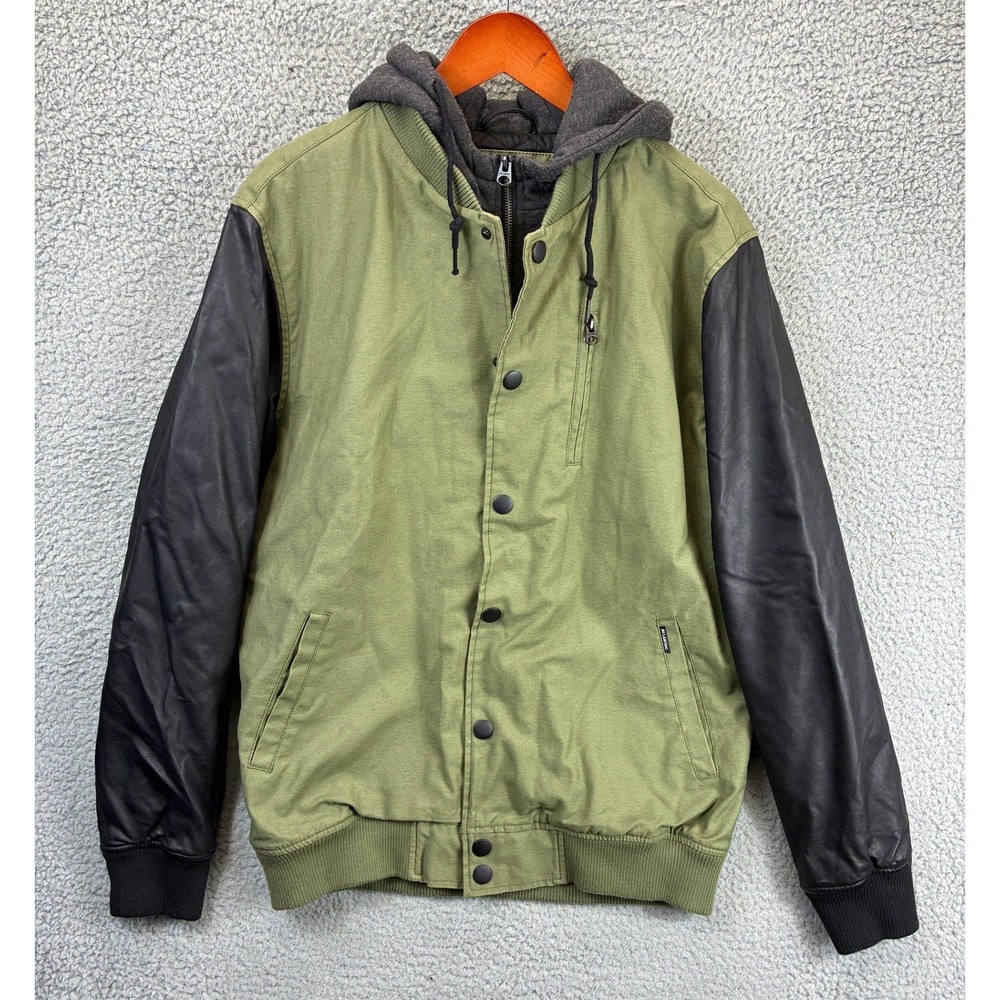 Billabong Hooded Bomber Jacket Mens L Green Faux Leather Sleeve Varsity Skater